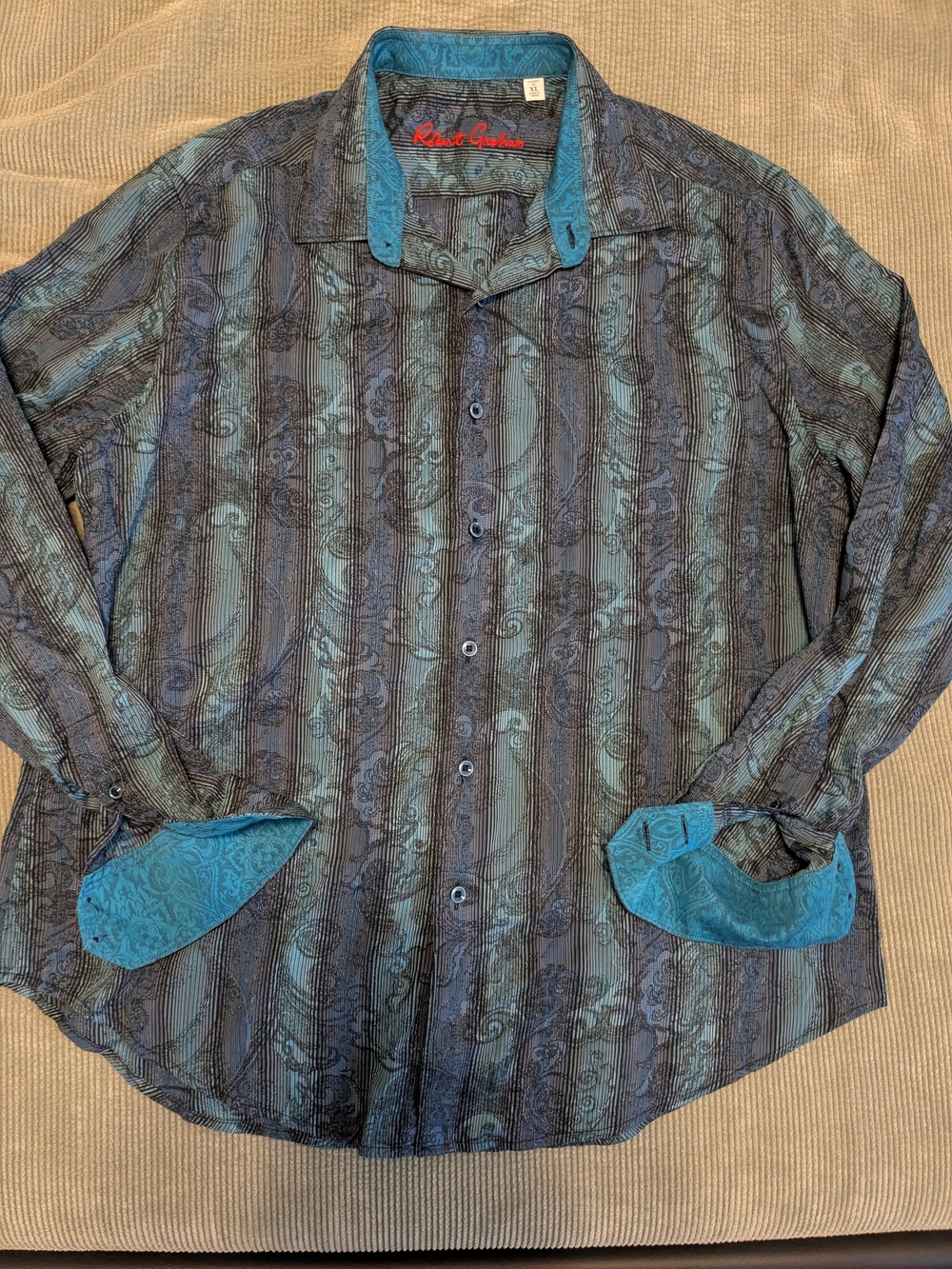 Robert Graham Men's Teal & Black Paisley Patterned Dress Shirt XL